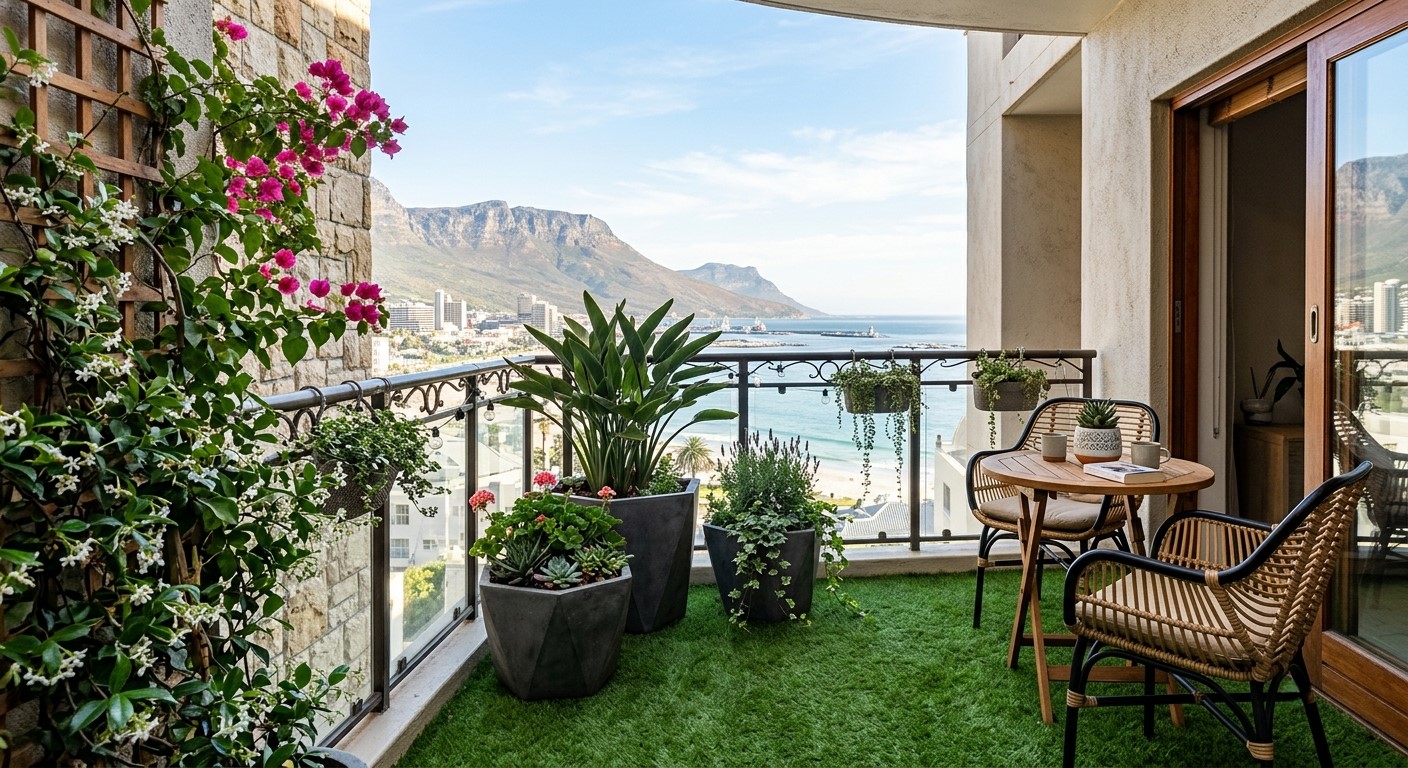 A balcony with artificial grass