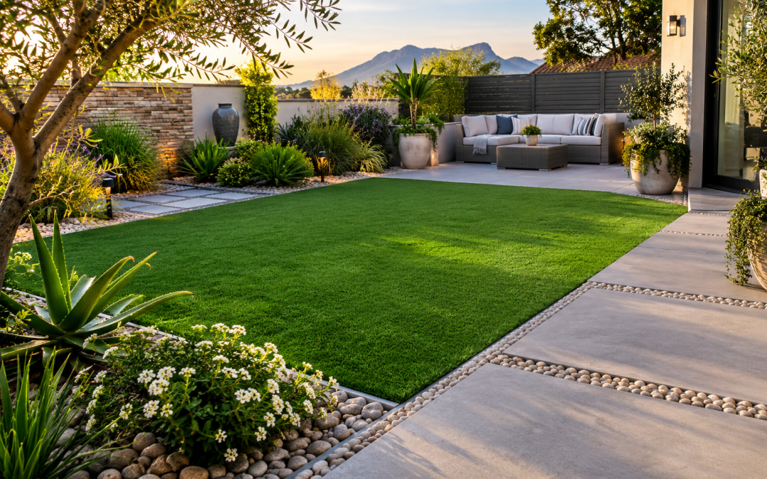 The art of combining artificial grass with paving, stones and plants